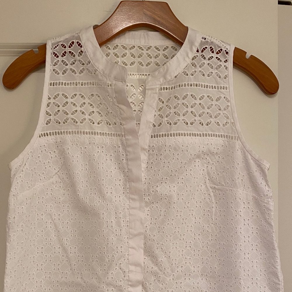LOFT White Eyelet Sleeveless Split-Neck Dress